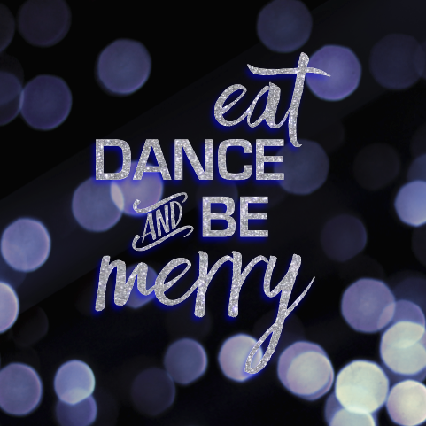 Silver sparkle letters on black and purple background saying Eat Drink and Be Merry